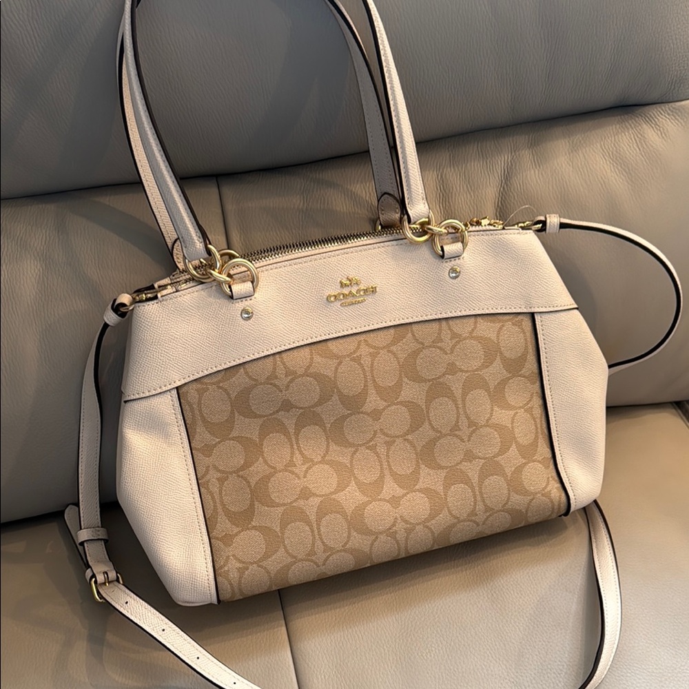 Coach Cream and Tan Shoulder Bag with Signature Monogram